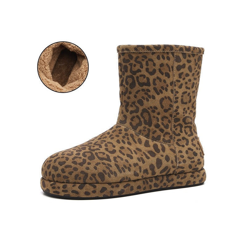 CozyStep Leopard Print Winter Boots – Flat Plush-Lined Short Boots for Women