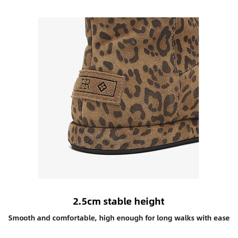 CozyStep Leopard Print Winter Boots – Flat Plush-Lined Short Boots for Women