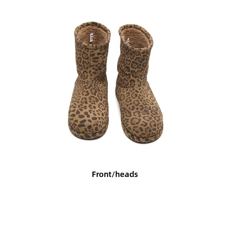 CozyStep Leopard Print Winter Boots – Flat Plush-Lined Short Boots for Women