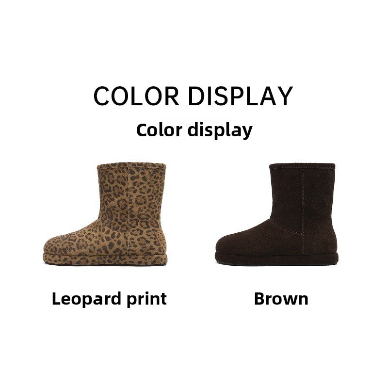 CozyStep Leopard Print Winter Boots – Flat Plush-Lined Short Boots for Women